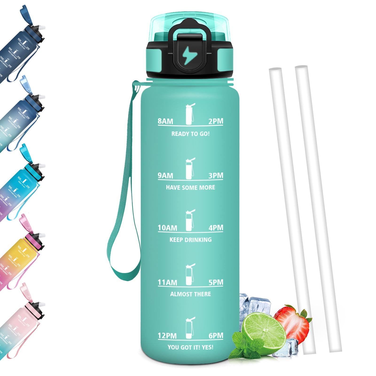 Mulbijeo Trinkflasche 1L, BPA-Frei, Trinkflasche mit Strohhalm, Wasserflasche Auslaufsicher, Wasserflasche Kohlensäure Geeignet, Zeitanreiz, Sportflasche für Laufen, Fahrrad, Fitness, Party