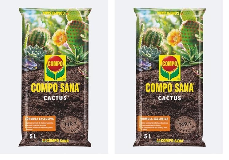 Compo Sana Substrato para Cactus y suculentas con 8 semanas de abono para Todas Las Especies de Cactus y suculentas, Substrato de Cultivo, 5 L, 37x23x5.5 cm, 1122106011 (Paquete de 2)