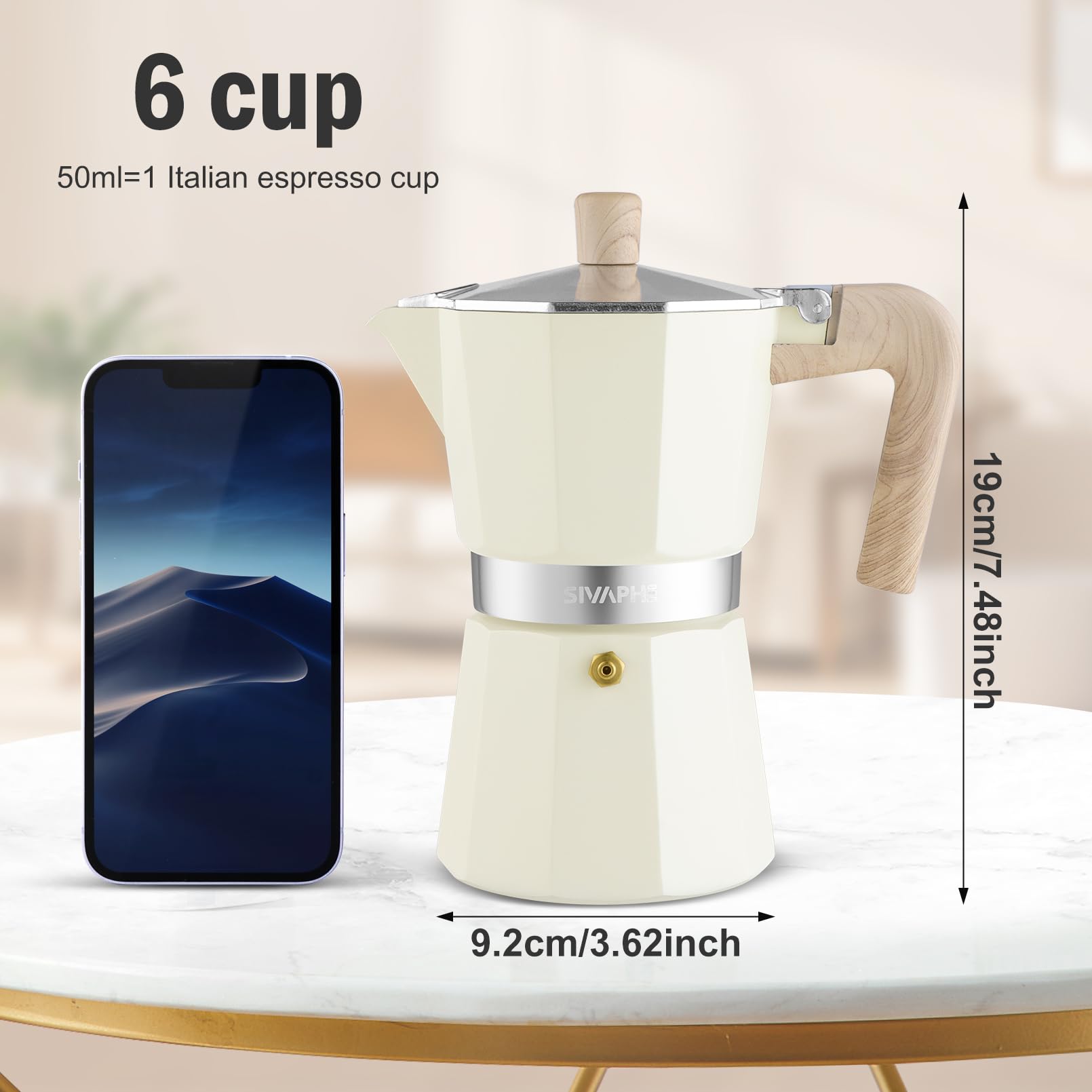 Sivaphe Moka in alluminio, 6 tazzine da espresso, caffettiera e caffettiera, portatile, per cucina italiana e cubana, per casa e campeggio, colore: bianco