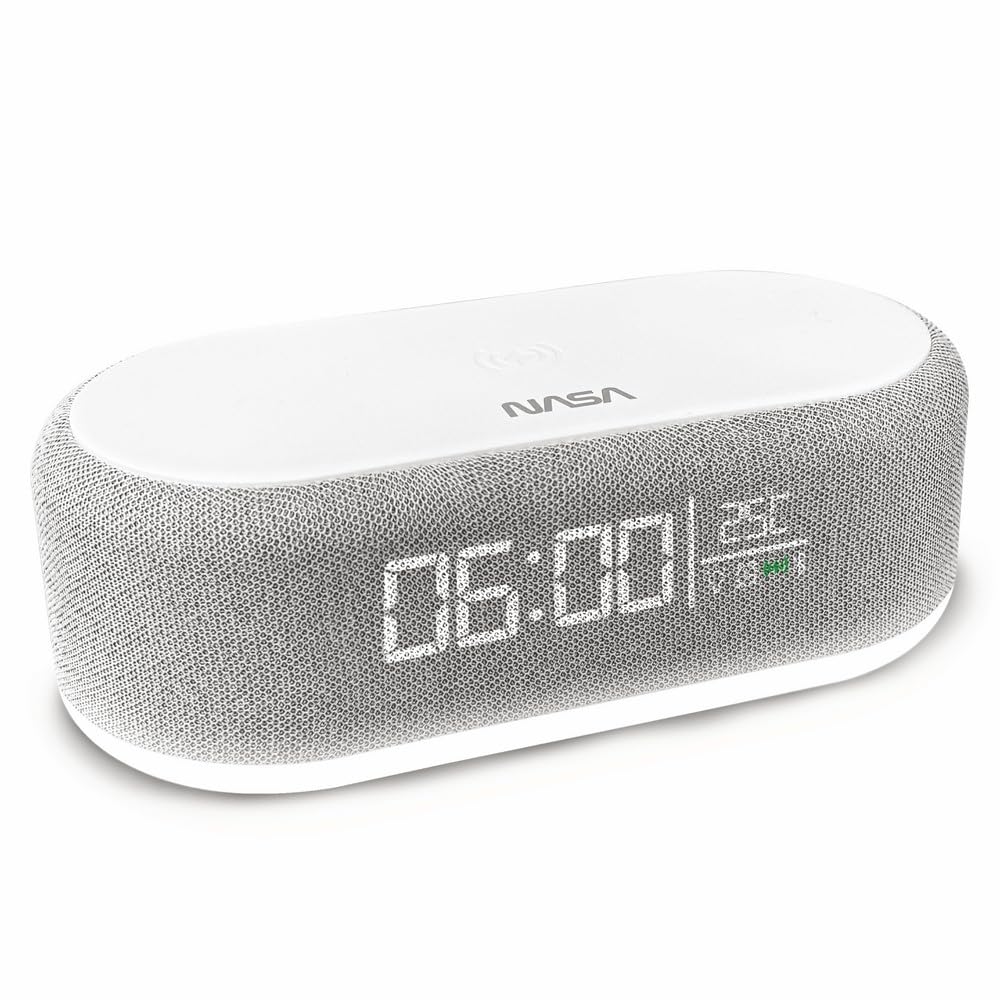 Nasa SPC400 Sveglia Bluetooth 5.0 con 2 Altoparlanti Stereo 5W RMS, Ricarica Wireless 15W, Doppio Allarme, Luce LED 3W, USB-C, Bianca/Grigia