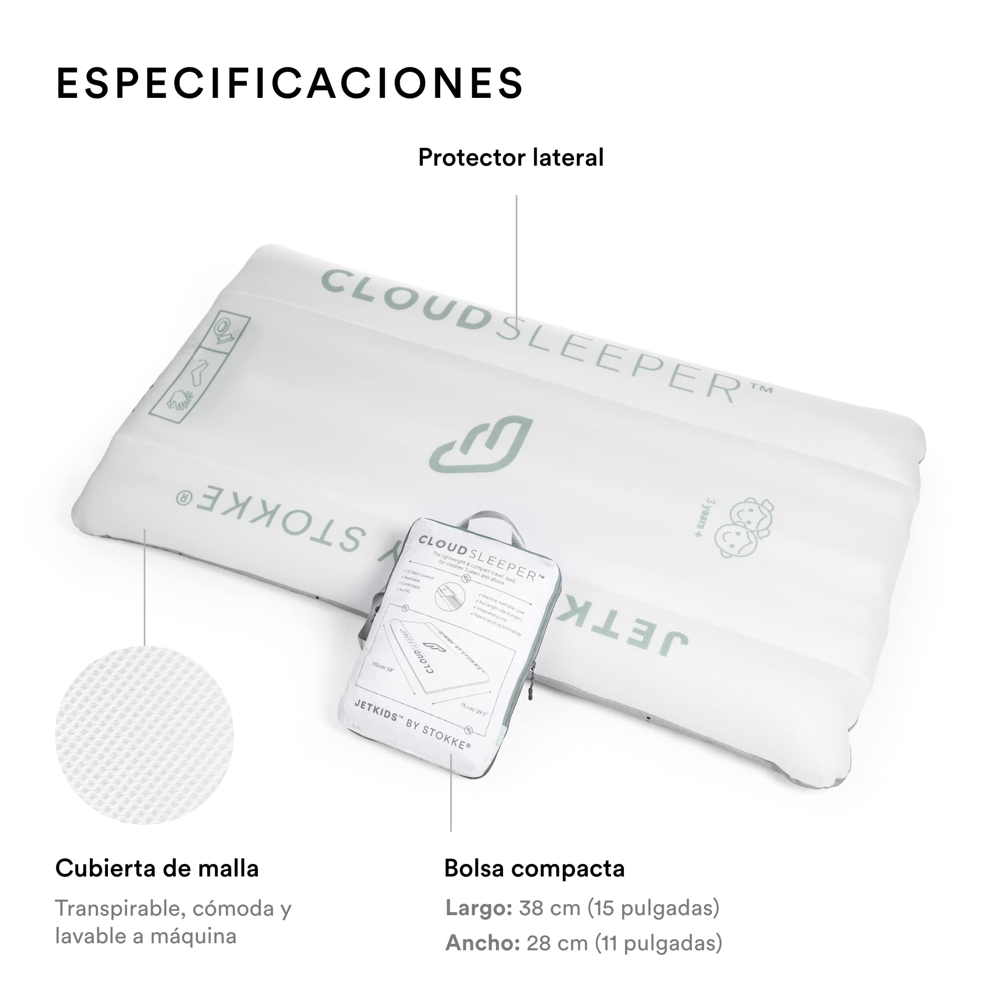 Stokke JetKids CloudSleeper, Blanca - Cama de Viaje Hinchable para Niños - Incluye inflador Integrado y Bolsa de Almacenamiento - Ideal para Partir de 2 años