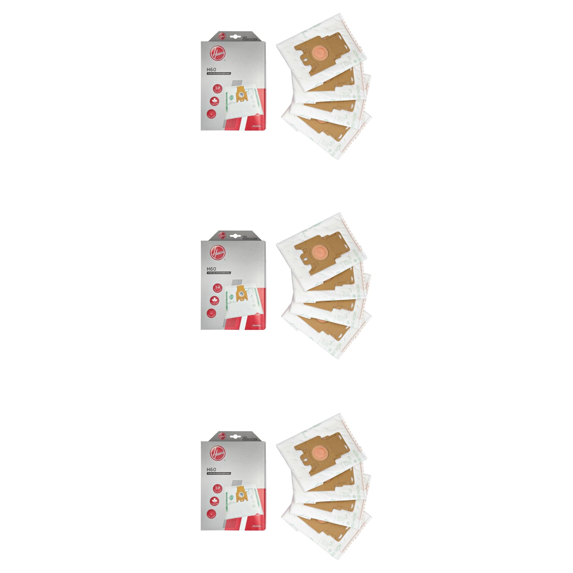 Hoover H60 3 Paquets de 4 Sacs d’origine en Microfibre Pur EPA, système anti-odeurs aux charbons actifs, compatibles avec les aspirateurs traîneaux Hoover