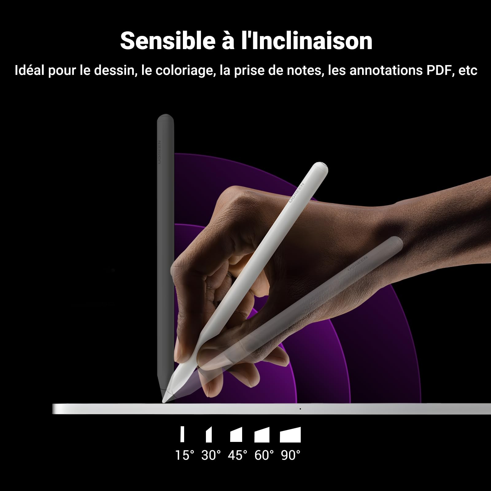 UGREEN Stylet Tactile Magnétique Charge sans Fil Rejet de Paume Détection d'Inclinaison Pencil Haute Précision Compatible avec iPad Pro 12,9/11 Pouces 2018-2022 Air 4/5 10 Mini 6