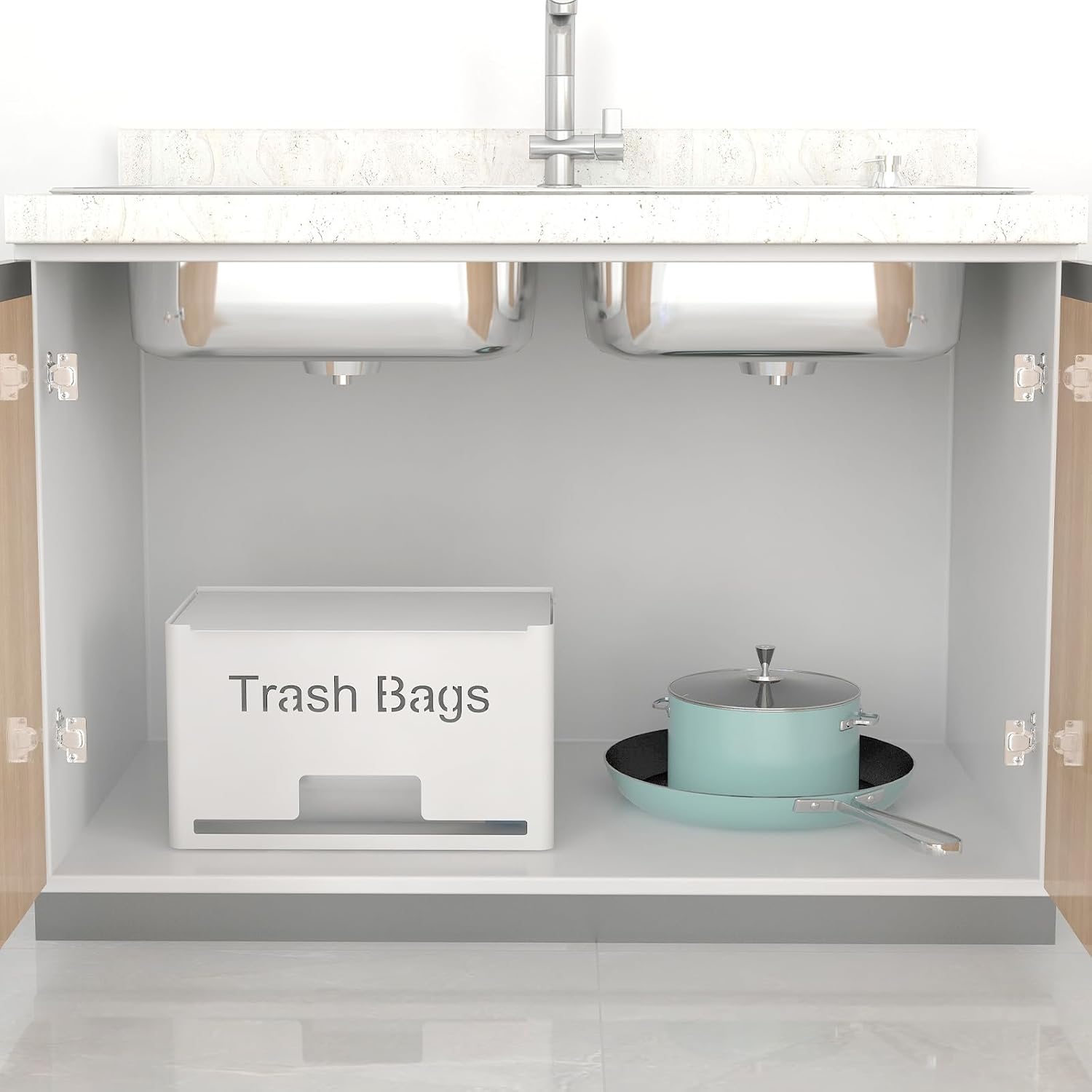 Size Large Trash Bag Holder Dispenser, Metal Garbage Bag Dispenser Roll Holder, Kitchen Trash Storage Organizer for Under Sink, Wall Mounted or Countertop, White