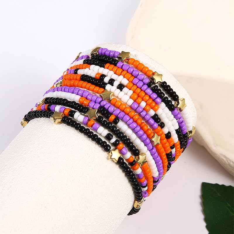Handmade Halloween Multi-layered Beaded Bracelet for Women Black Orange Purple Colorful Halloween Thanksgiving Christmas Gifts Elastic Funny Pumpkin Ghost Halloween Bracelet3
