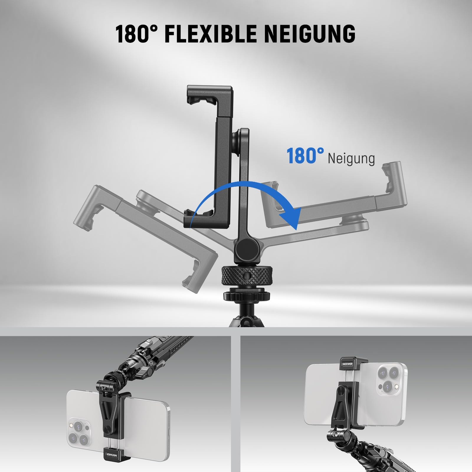 NEEWER Einstellbare Handy Stativhalterung mit 1/4" Gewinde 180°Neigung 360°Drehung Reinigungstuch Telefonklammerhalterung Kompatibel mit iPhone Samsung Android Kamerakäfig für Videoaufnahmen, GA010