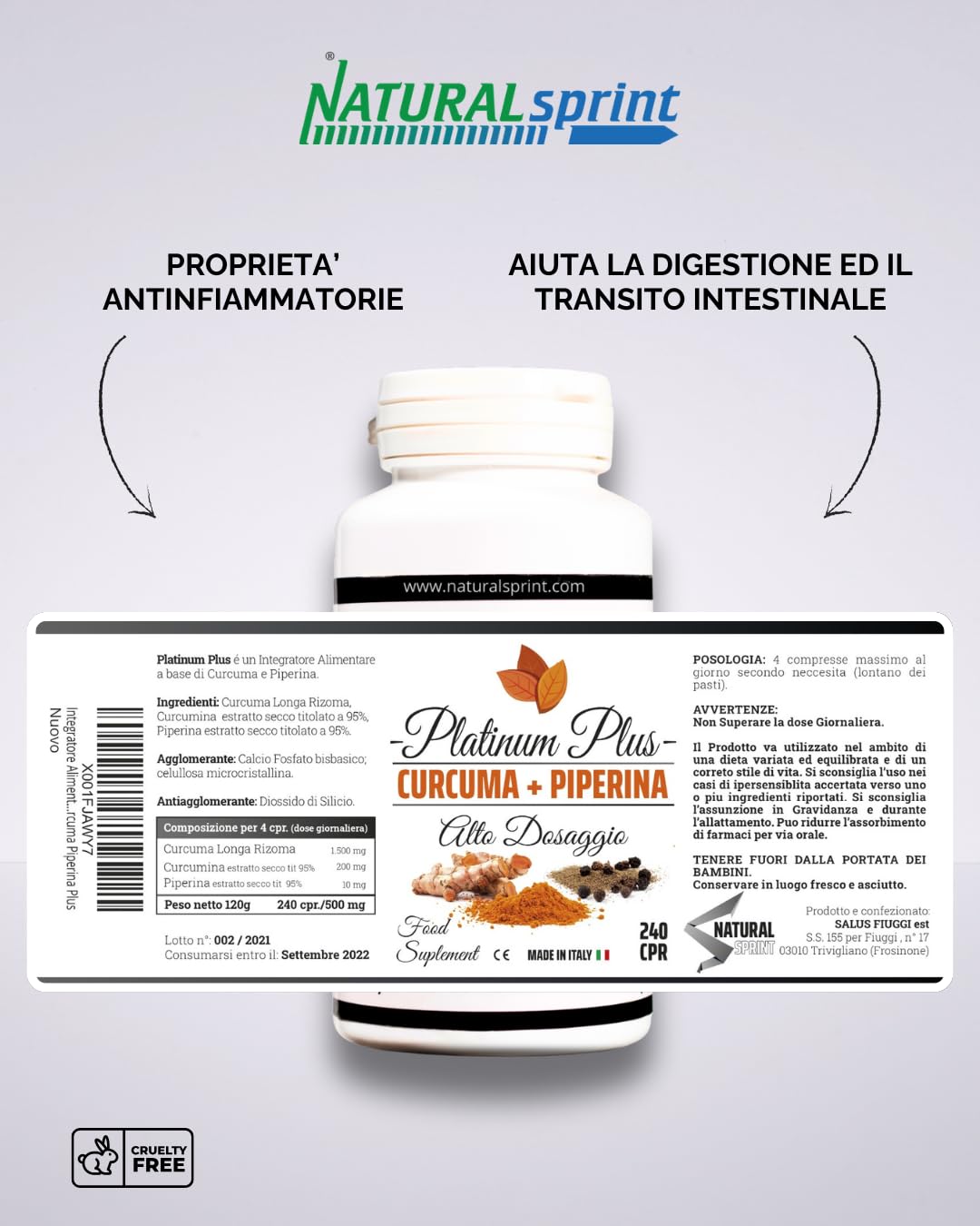 Curcuma + Piperina Platinum Plus - Curcumina Titolata ad Alto Dosaggio – 240 Compresse Naturali Made in Italy per il benessere quotidiano