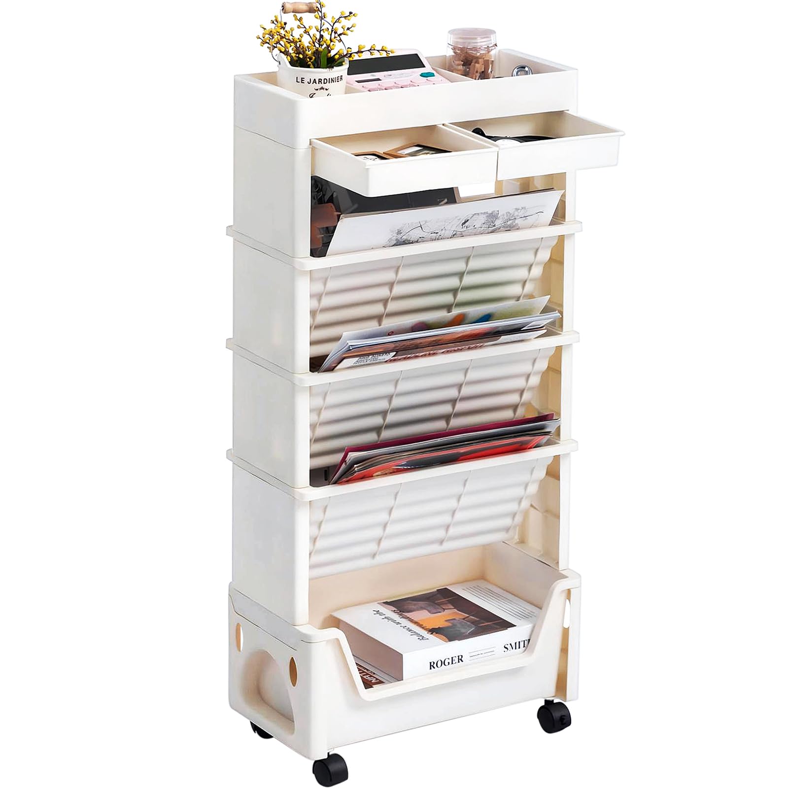 AGTEK 5 Tier Rolling Utility Cart, Book Cart with Wheels, Office Book Carts with Divided Top Shelf for Organizing Books and Supplies in Home, Office, Classroom, White