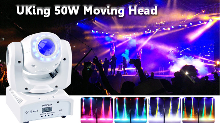 UKing 50W LED Moving Head, RGBW Stage Light DMX 512 with LED Ring