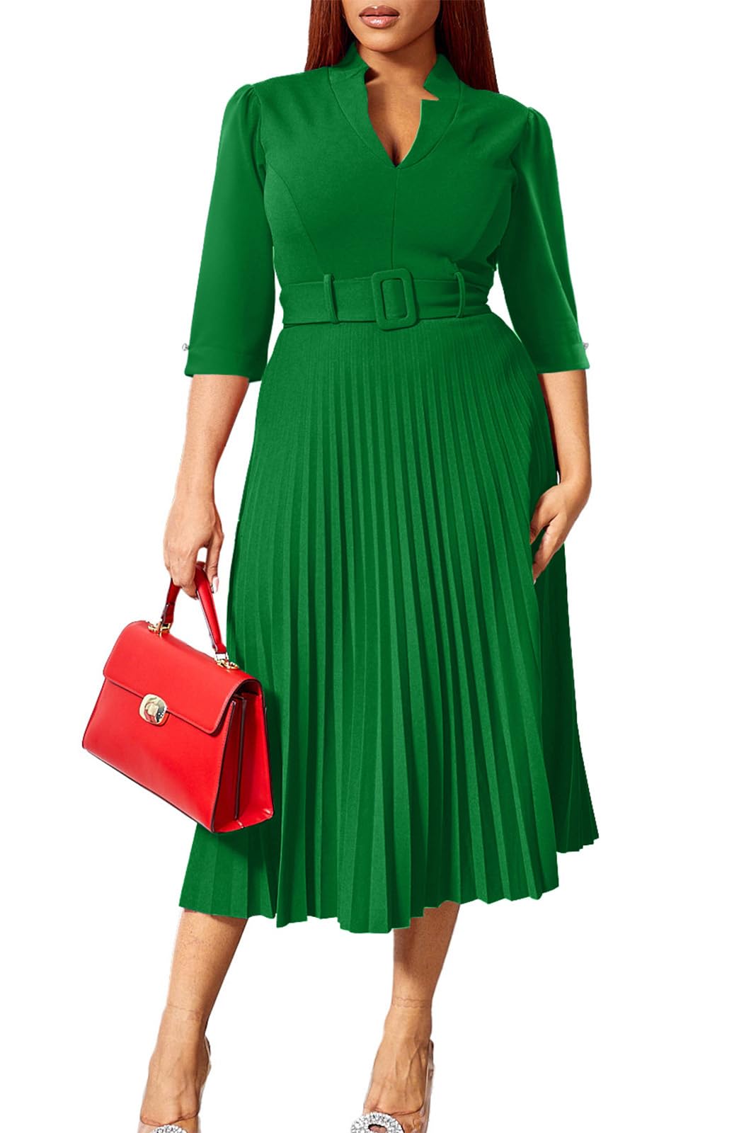 Ekaliy Womens V Neck Business Casual Shirt Dress for Women 3 4 Sleeves Pleated Midi Dresses with Belt