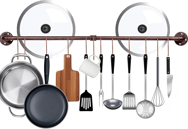 HOMGEN Popular 100cm Wall Mounted Pot Pan Rack set Kitchen Hanging Rail Kitchen Utensils Organizer Hanging Rail Multi Functional Wall Mounted Organizer Rack With 15 Hooks for Home Kitchen