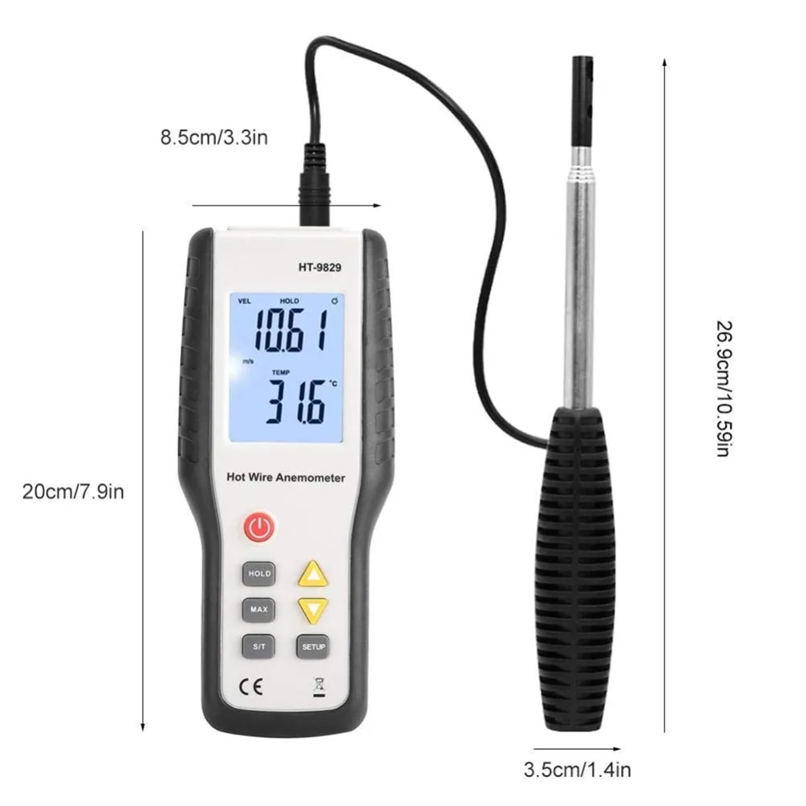 Anemómetro de Alambre Caliente HT-9829 Medidor de Velocidad del Viento y medición de Flujo de Aire para HVAC, Mide CFM/CMM, Temperatura (℃/℉)