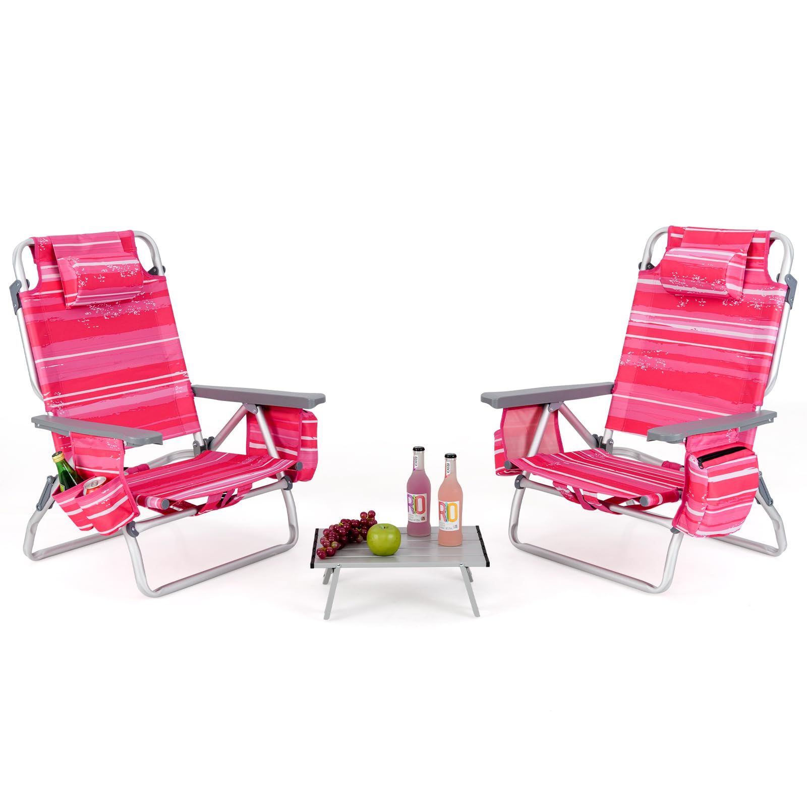 GIANTEX Folding Beach Chair, Patio Sling Chairs with 5 Adjustable Position, Head Pillow, Storage Bag, Towel Bar, Cup Holders, Backpack Chairs for Sunbathing, Camping Chair