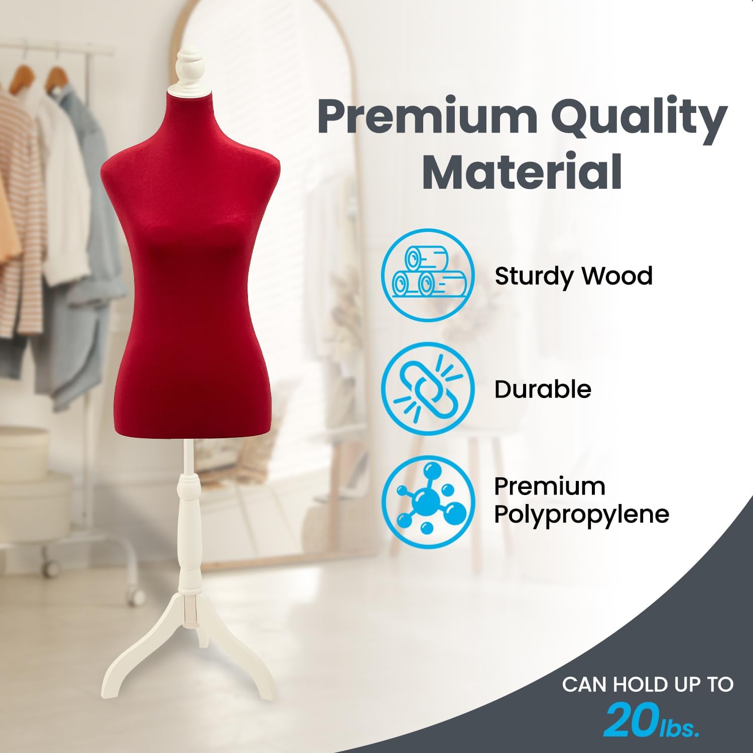 Mannequin - Adjustable Height, Durable Foam and Canvas Construction, Wooden Base, Compact Shoulder Width, Lightweight, Versatile Display for Clothing and Accessories, Red