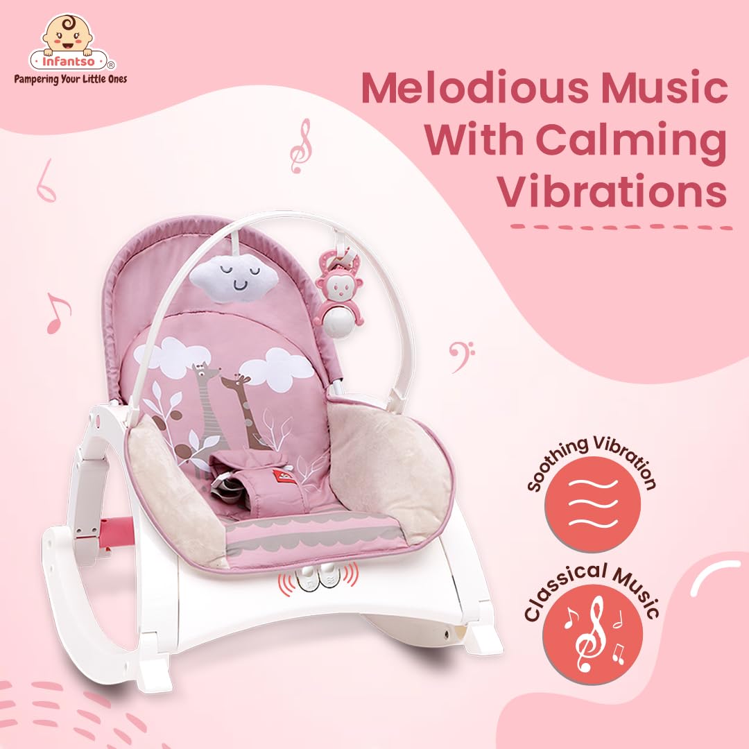 INFANTSO Baby Rocker & Bouncer for 0 to 2 Years (Pink), Chair for Newborn with Calming Vibrations, Music & Toys, with Feeding Tray 2
