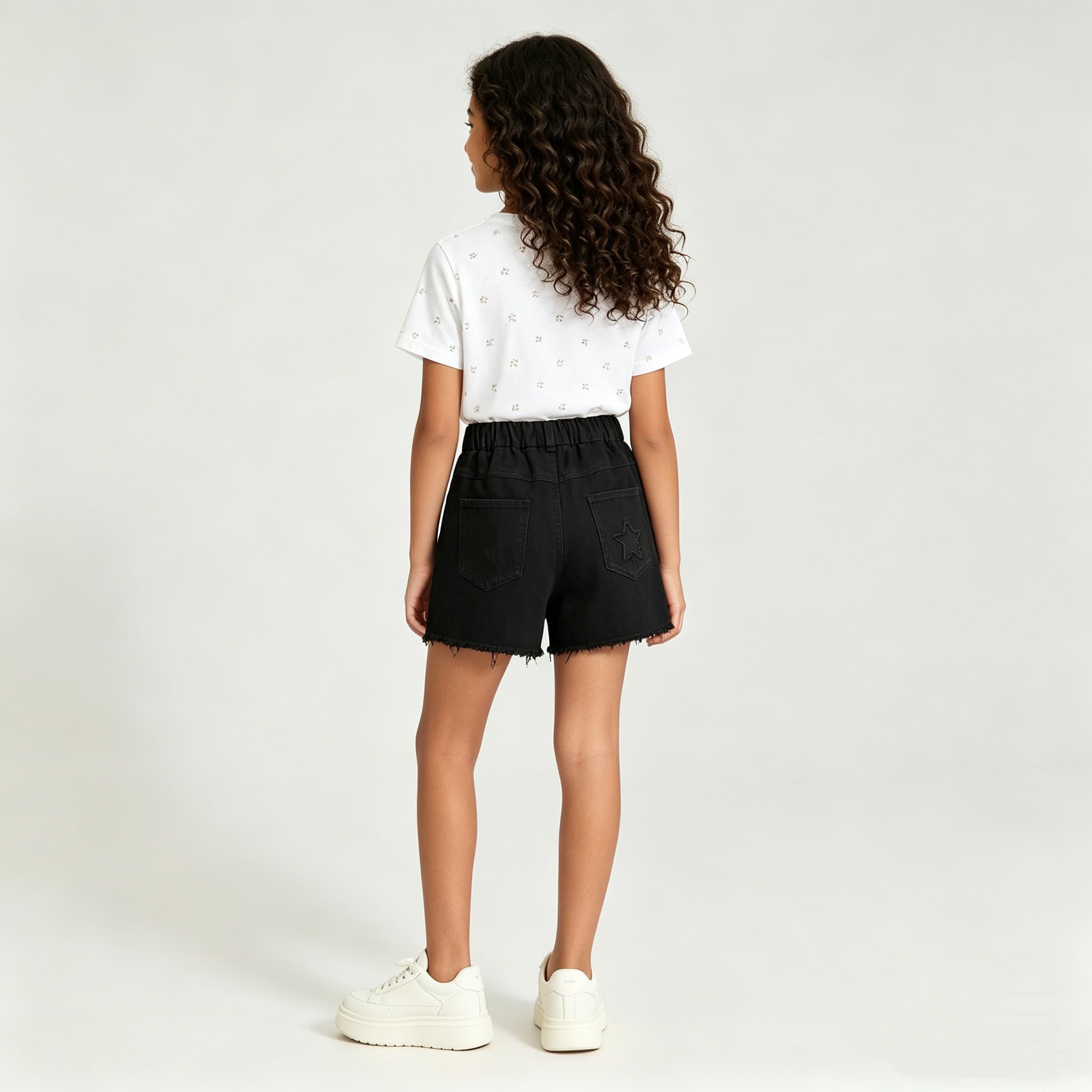 Rolanko Shorts en Jean pour Filles Taille Élastiquée Été Déchirés Jeans Courts avec Poches pour Enfants
