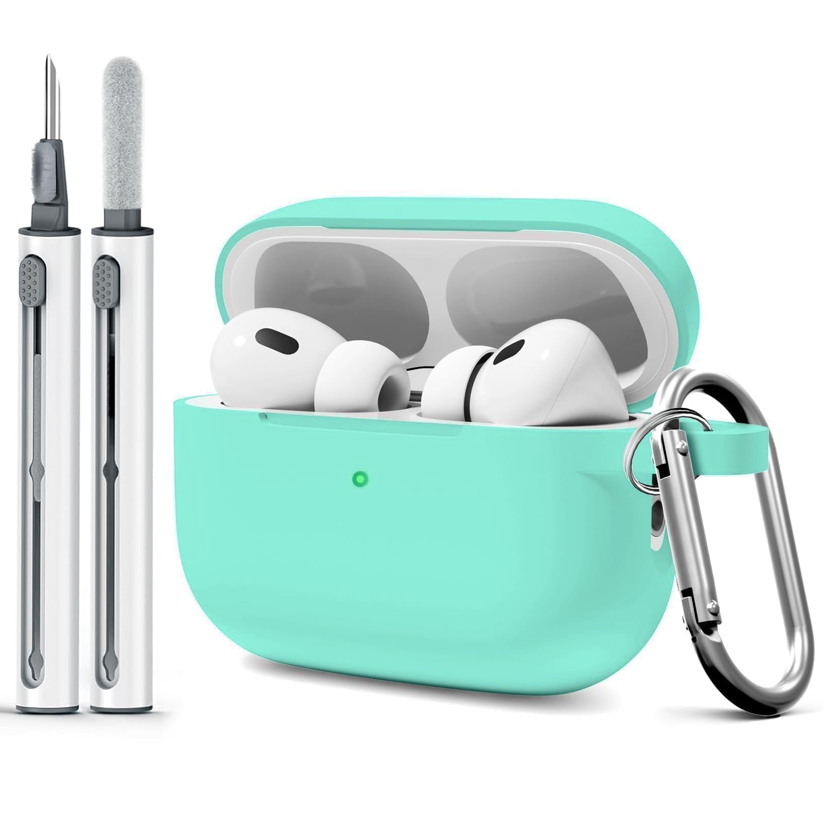 for AirPod Pro Case Cover with Cleaner Kit, Soft Silicone Cover for AirPods Pro 2nd Generati/1st Comes with Keychain for Women Men,Suitable for 2nd Generation Case Mint Green