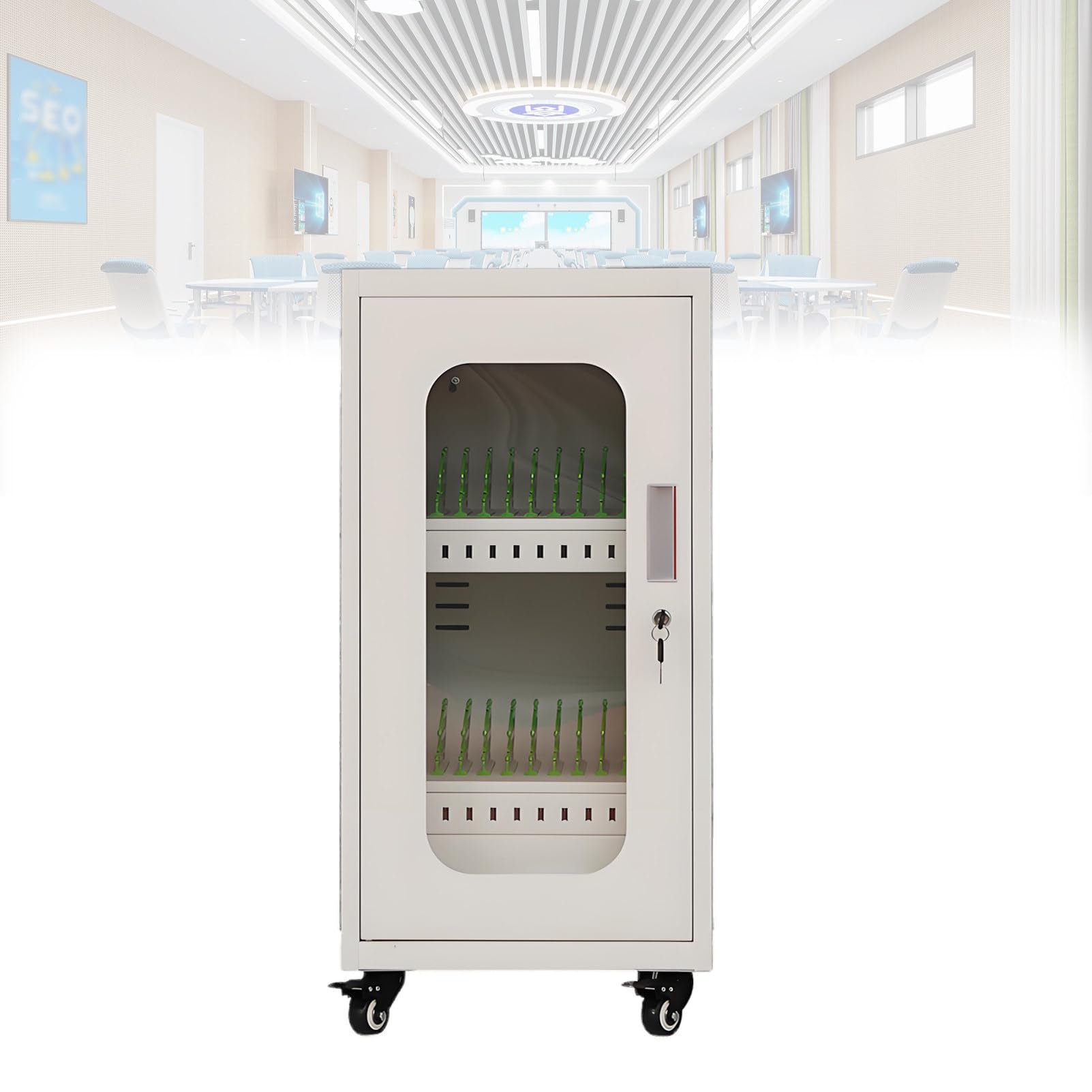 GTHTUHFD Rechargeable Mobile Device Storage Locker With Lockable Charging Station, Wheels, And Combination Lock,Tablet(2)(white)-20bit