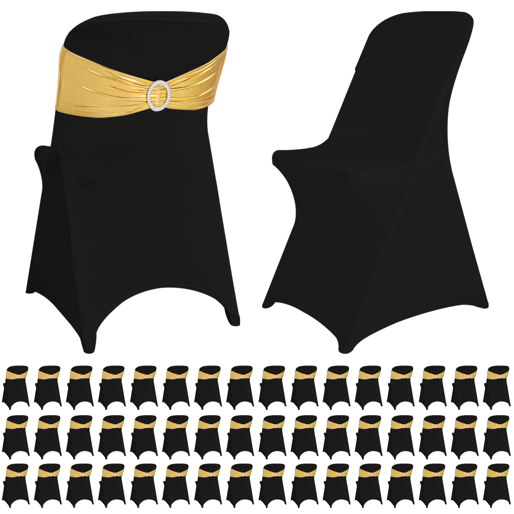 50 Sets Stretch Spandex Folding Chair Cover Black and Chair Sashes with Buckle Slider Chair Bands Bows, Washable Chair Slipcovers for Wedding Banquet Party Events Dining Decoration(Metallic Gold)