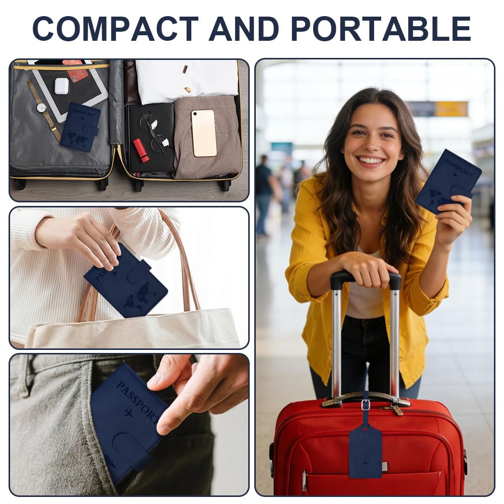 OFFCUP Funda Pasaporte, Porta Pasaporte con Bloqueo RFID, Cuero de PU Porta Documentos Viaje con Identificador De Maletas para Pasaportes Tarjetas Crédito Funda Tarjeta Identific (Azul Oscuro) — view 7