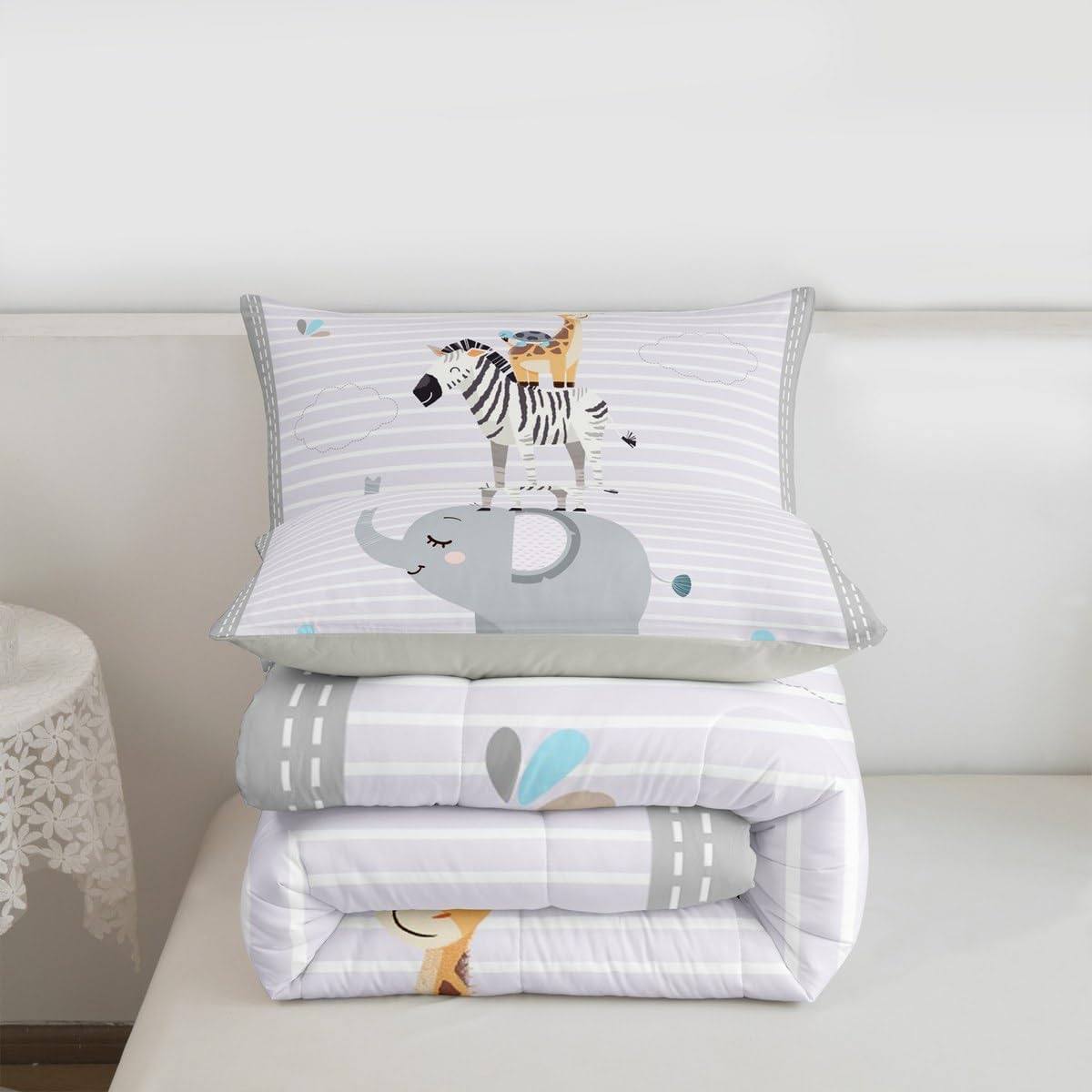 Cute Animals Kids Comforter Set Cartoon Elephant Zebra Giraffe Bedding Set Queen Size for Boys Girls Teens Bedroom Decor Grey White Geometric Stripes Quilted Duvet All Season Duvet Insert 3pcs
