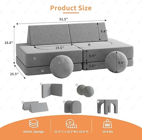 Miniatura 7 de wanan Sofá infantil de 10 piezas, sofá para niños con 2 bolas y túnel, sofá plegable para sala de juegos, dormitorio, sofá creativo para bebé, sofá