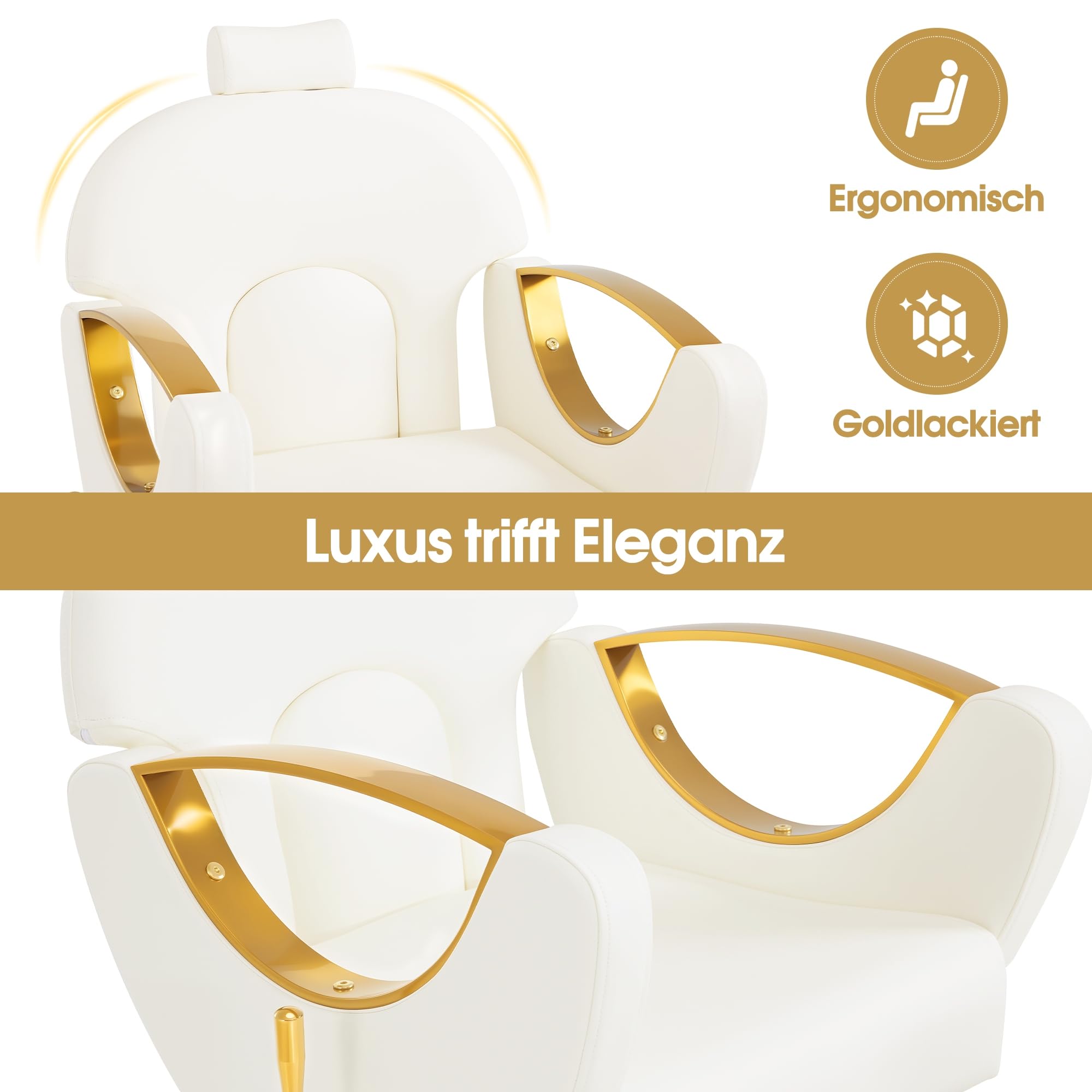Barberpub Pediküre Stuhl mit Fußbadewanne & Pediküre Hocker, Friseurstuhl mit Goldlackierten Armlehnen, Höhenverstellbar & Kippbar, Fußpflegestuhl für Nagelstudio F0325 (Gold-Weiß)
