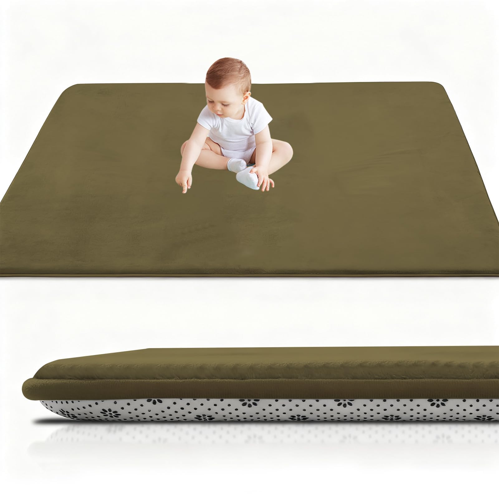 RxueSug Thick Padded Baby Crawl Mat 120 x 200 cm x 2cm, Baby Play Mat, Foldable Kids Playmat, Large Activity Play Mat, Non-Slip, Waterproof, Playpen Mats Design for Crawling, Learning Army Green