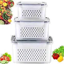 Kit 3 Potes Organizadores Herméticos para Geladeira com Cesto Interno – Livre de BPA, Empilháveis, Conserva Frutas e Legumes Frescos