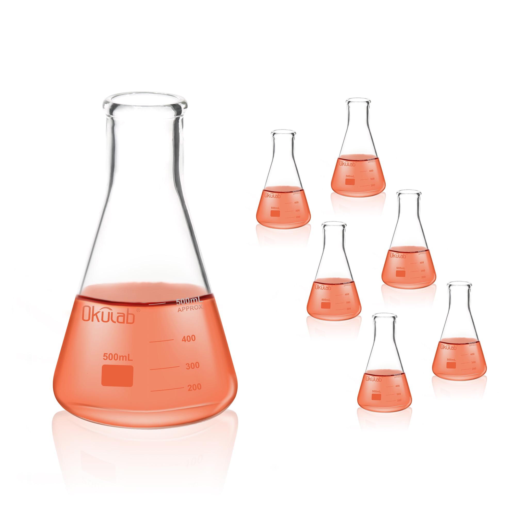 Frascos de vidrio Erlenmeyer, 6 piezas de Vol.500 ml, material de vidrio borosilicato 3.3 con graduación impresa. EFNG500A6