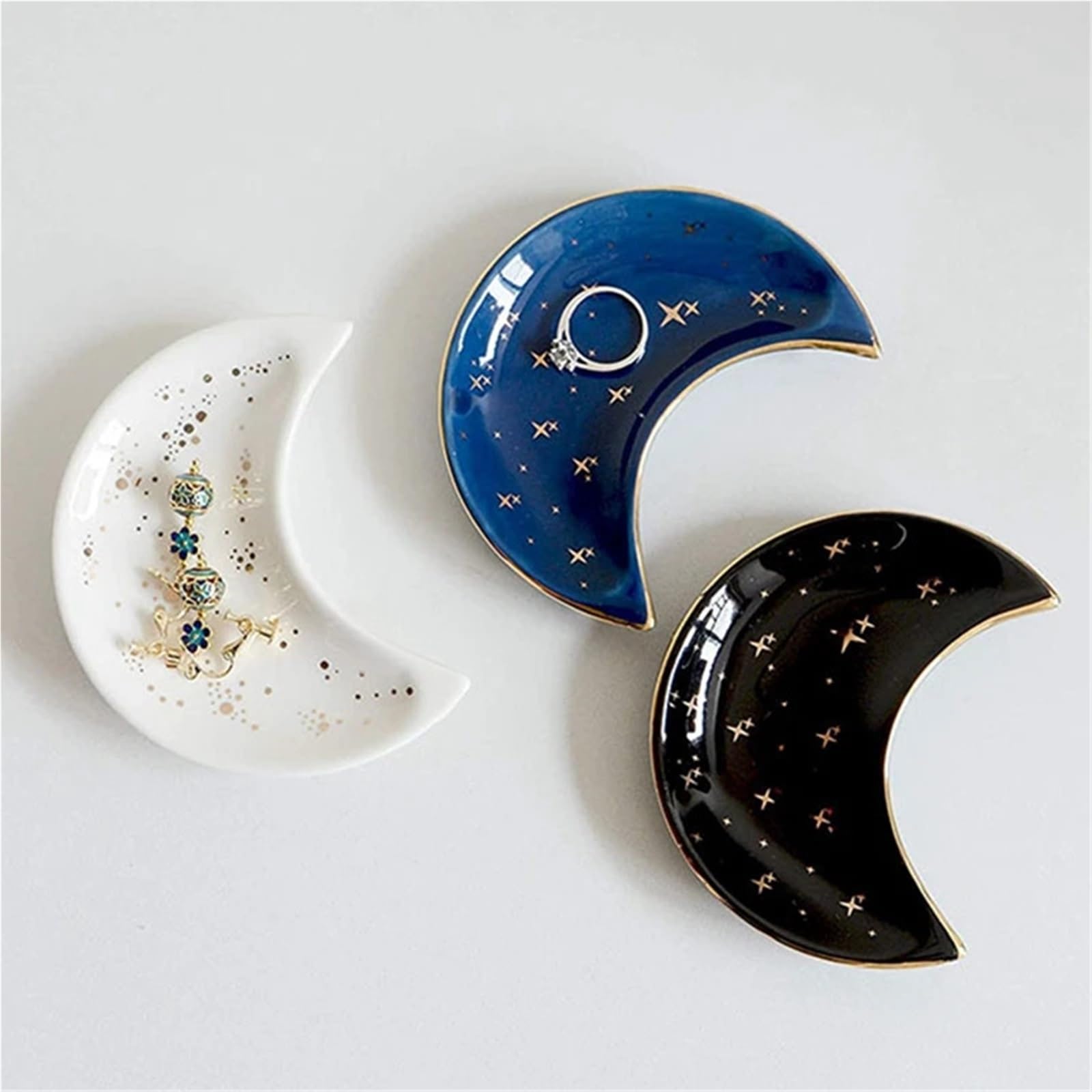 Schmuckschale 3 stücke Keramik Mond Form Kleine Schmuck Gericht Ohrringe Halskette Ring Lagerung Platten Obst Dessert Display Schüssel Dekoration Tablett(Blue)