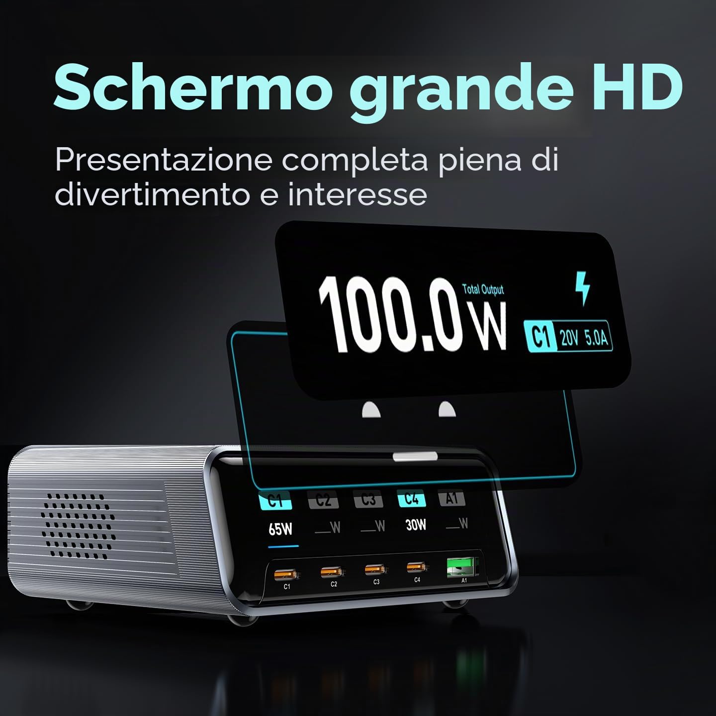 Stazione di ricarica desktop intelligente, stazione di ricarica USB C GaN3 da 100W, ultraveloce a 5 porte, USB C con PD3.0 da 100W, QC3.0, display LCD da 2,25" e quadrante di controllo intelligente
