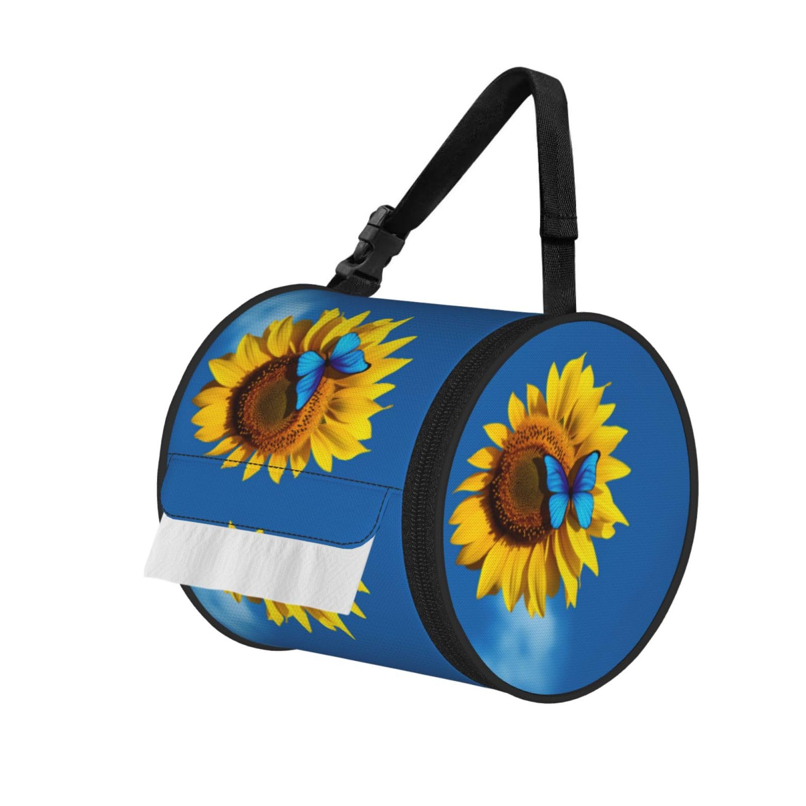 Sunflowers Under The Blue Sky Print Round Tissue Dispenser Bag With Carry Strap, Portable Roll Holder For Car Travel Home