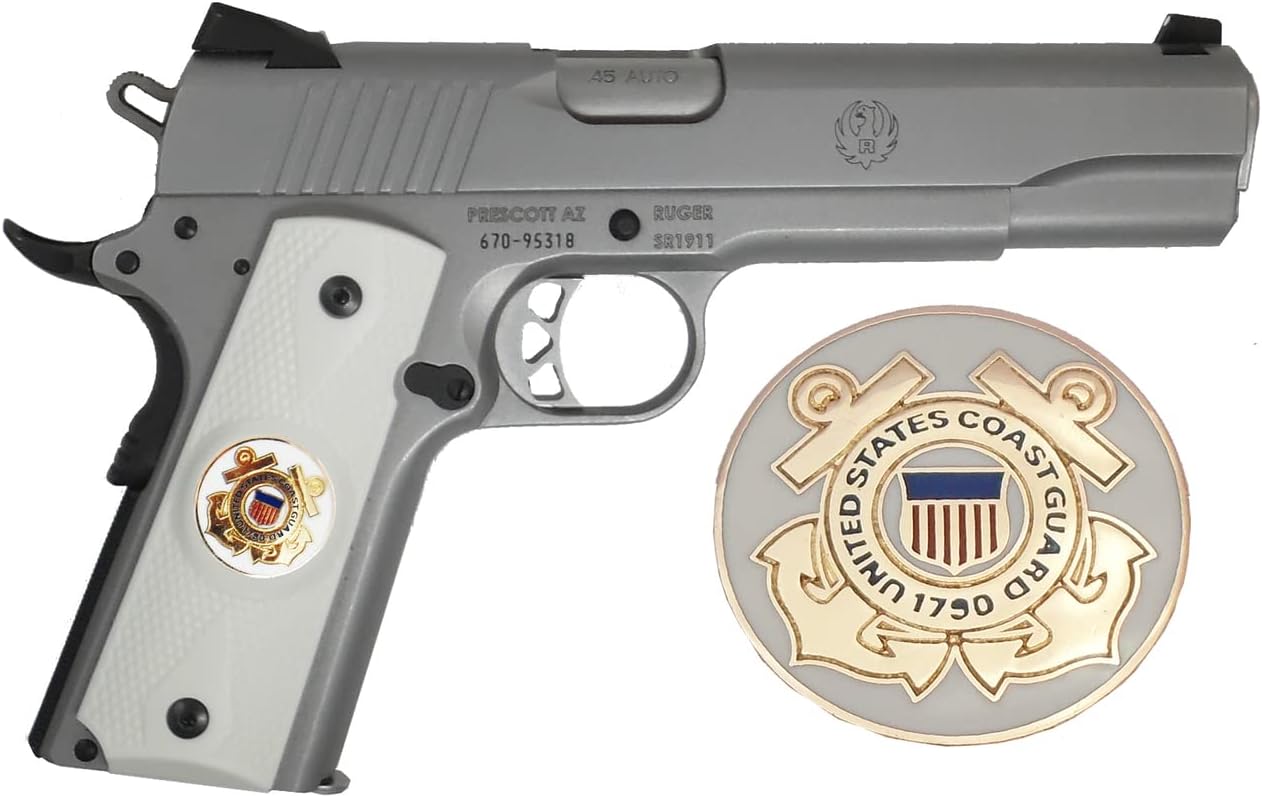 Garrison Grip 1911 Colt Full Size and Clones (Grips ONLY) with US Coast Guard Medallion Set in Light Ivory Color Polymer Double Diamond Grips
