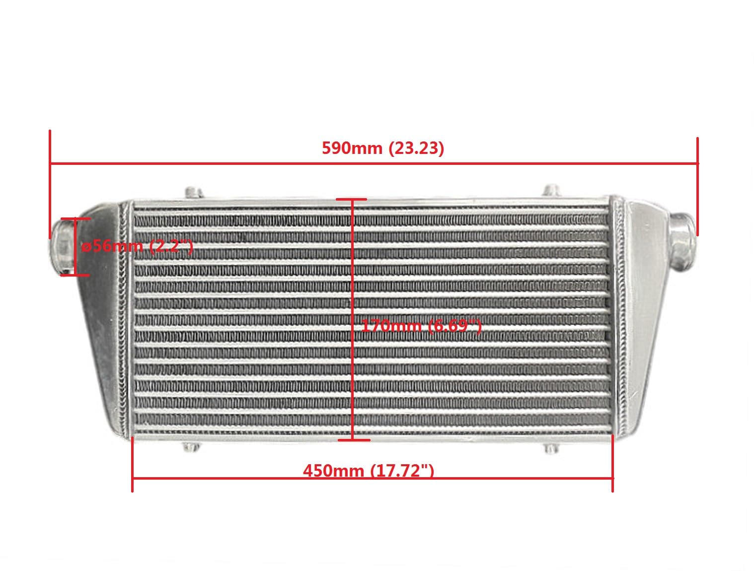Intercooler aluminiowy Uniwersalny przedni aluminiowy intercooler 590 * 205 * 69mm, 56mm lekki przepływ wlotowy/wylotowy Turbo Super System