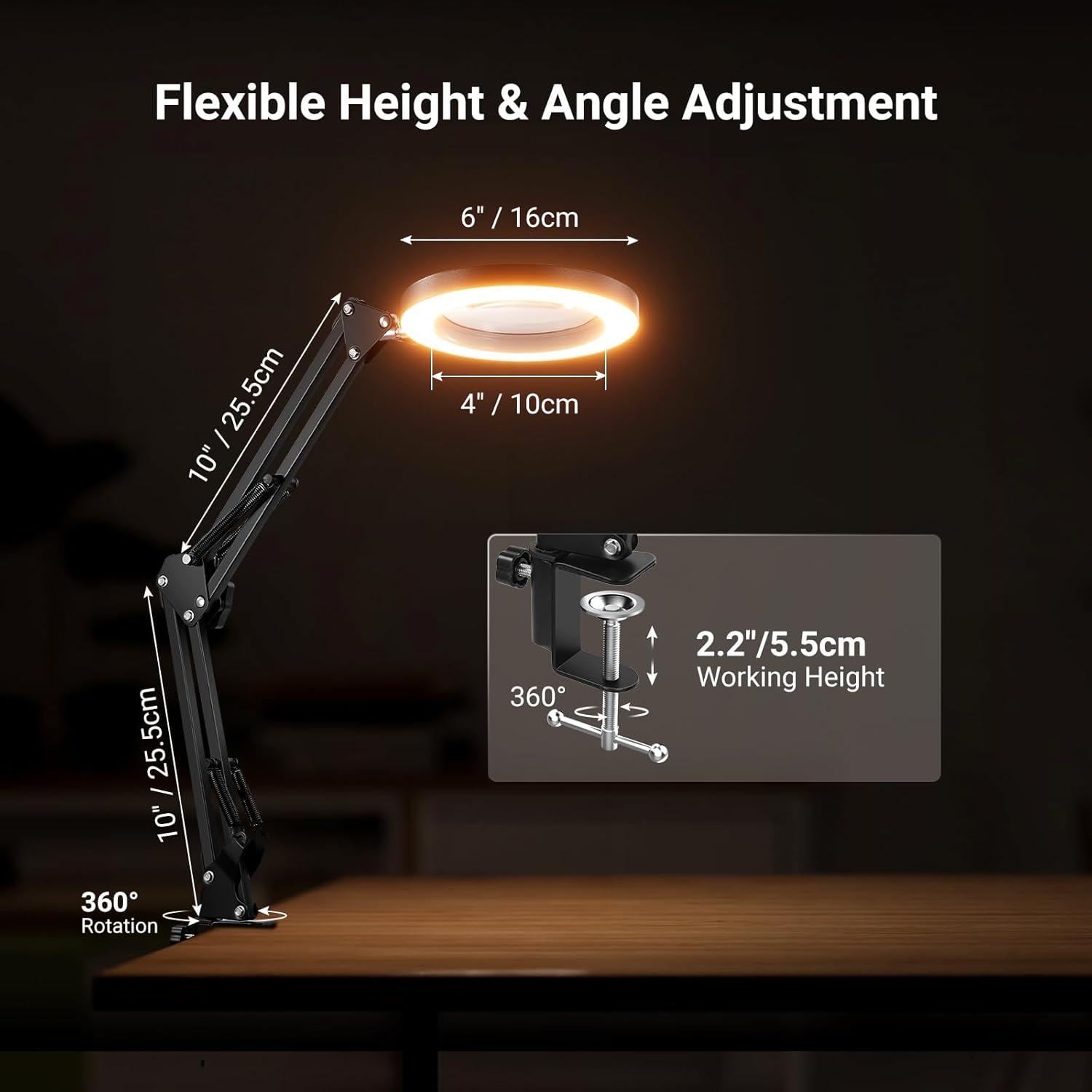 NEEWER Entry Level Version 10X Magnifying Glass with Light & Clamp Stand, 6.3" Bi Color Dimmable Magnifier Lamp LED Ring Light CRI80+ for Desk Crafting Reading Close up Work, N19