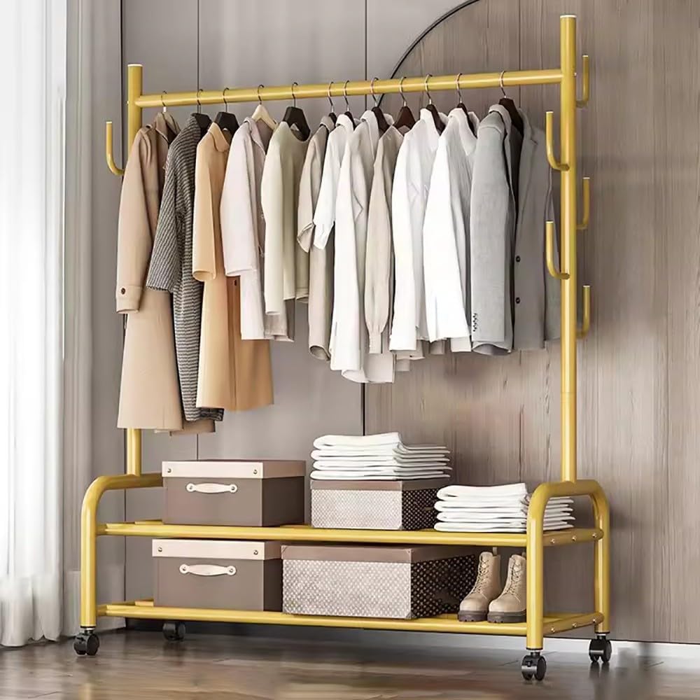 MYUYEE Heavy-Duty Clothes Rack On Wheels, Metal Clothes Rail, Multifunctional Mobile Coat Rack With Shoe Rack And 7 Hooks For Bedroom, Hallway, 120/150 * 37 * 165Cm(B-120Cm)