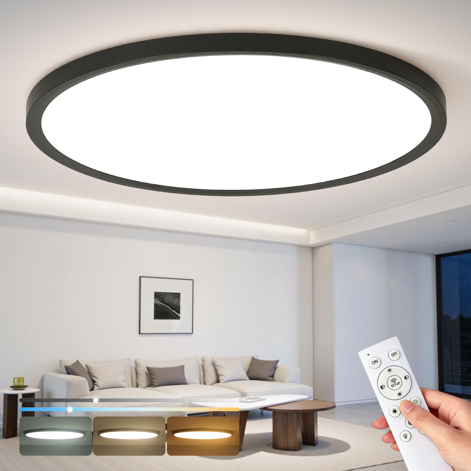 OTREN Lampa sufitowa LED do ściemniania 56 W, 5600 lm, z pilotem, trybem nocnym i funkcją pamięci, czarna 3000 K - 6500 K, wodoodporna IP44, do salonu, biura, kuchni i sypialni, 60 cm