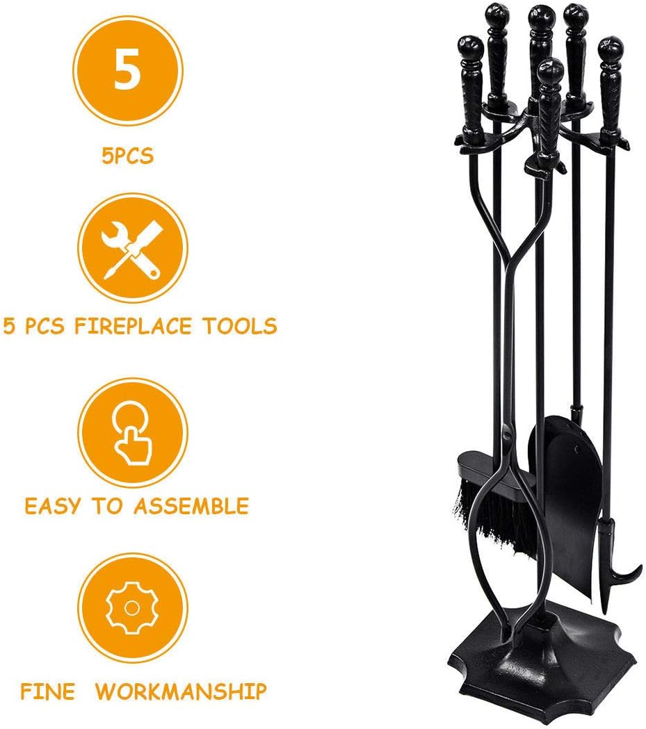 Tangkula 32 inch Fireplace Set 5 Piece Rustic Heavy Duty Compact Wrought Iron Fire Place Tool Set with Pedestal Place, Hearth Tool