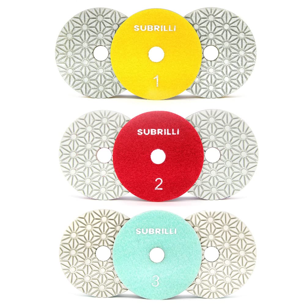 SUBRILLI 9-Pcs Dry/Wet 3 Step Diamond Polishing Pads 4-Inch for Granite Marble Quartz Concrete