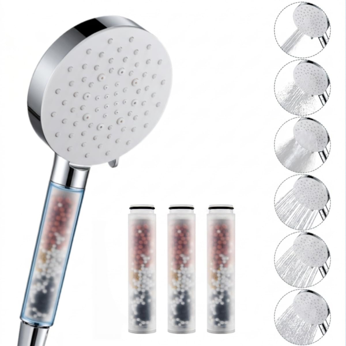 Auralum Filtered Shower Head for Hard Water – High Pressure Handheld with 6 Spray Modes, Water-Saving Design, Includes 4 Replacement Filters - Home Bathroom Essentials – White