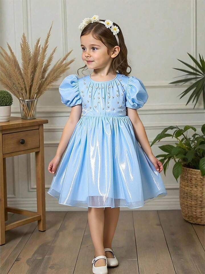 Image of Buy & Try Girls Crystal Puff Sleeve Birthday Dress for Baby Girls | Silk Knee-Length Frock with Zipper Closure | Party Outfit for Kids | Perfect Birthday & Special Occasion