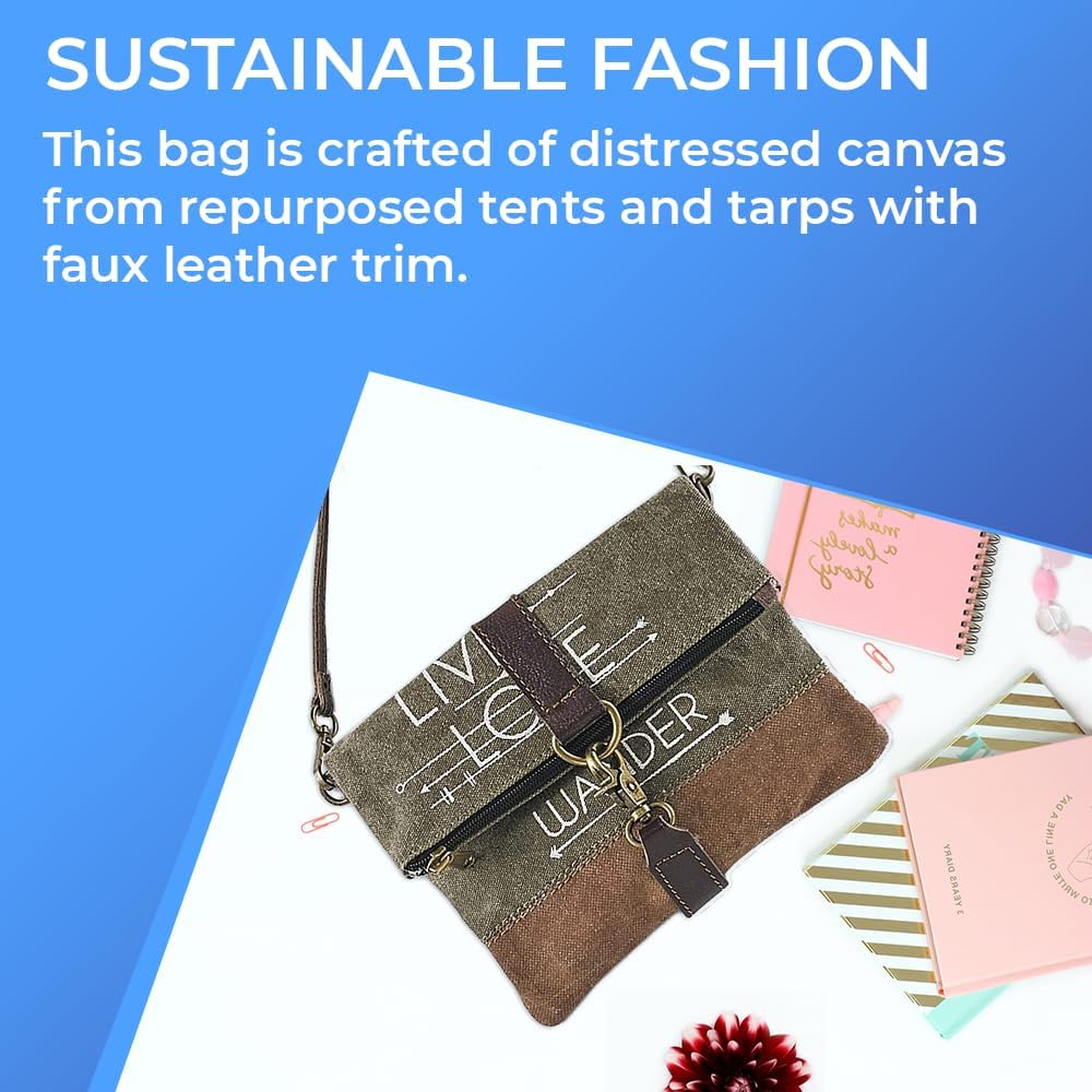 SAGEFINDS Live Love Wander Upcycled Canvas Crossbody Bag | Earth Friendly Materials | Shoulder Purse | Small Clutch | Fold-Over Zip Top | 22” Detachable Strap - Image 4