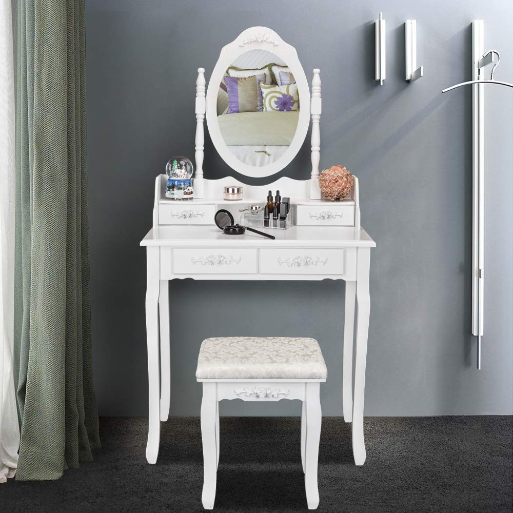 white princess dressing table Costway Kids Vanity Princess Makeup Dressing Table Chair Set w/ Tri-fold  Mirror White