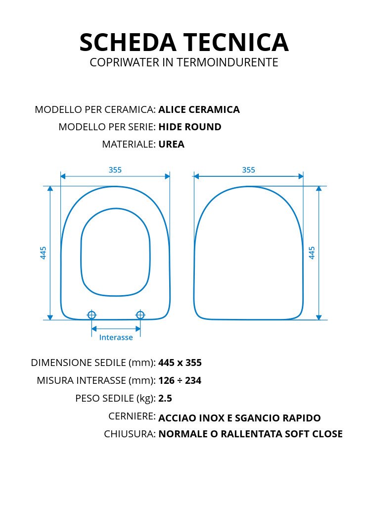 Copriwater per ALICE CERAMICA HIDE ROUND TERMOINDURENTE BIANCO cerniera inox normale o rallentata soft close