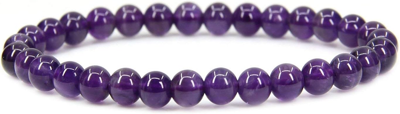 Stretch bracelet made of smooth, glossy deep purple round beads arranged in a continuous loop, photographed from a slight overhead angle on a white background.