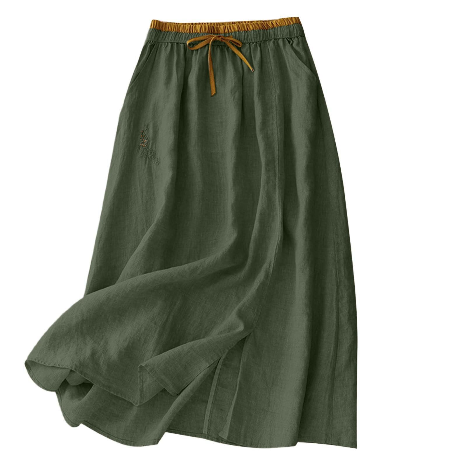 Jupe en Coton Et Lin Femme Mi-Longue ÉTé Taille élastique Casual Légère et Respirante Rétro A-Line DéContractéE Taille éLastique Bohême Jupes avec Poches Ample Couleur Unie D'été Jupe de Plage