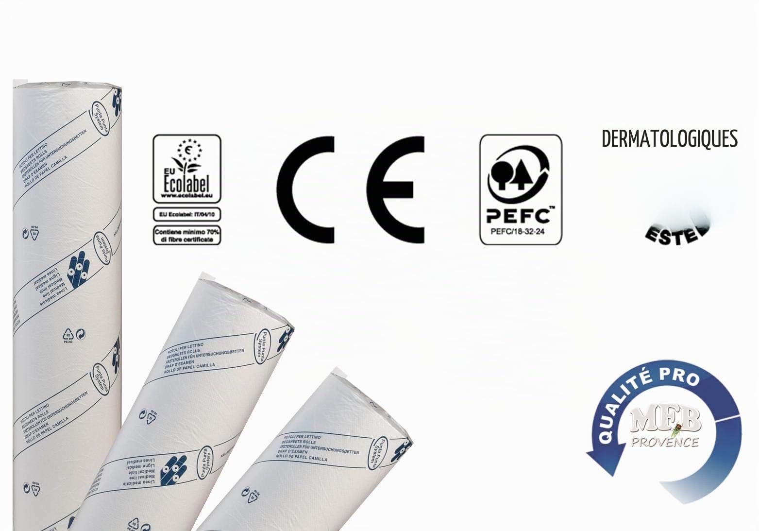MFB Provence® - Draps d'examen ouate 50 cm - 2 rouleaux - 2 plis -prédécoupés 38 cm