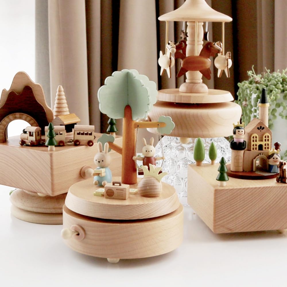 Wooden Music Box, Creative Octave Box Lift Carousel Music Box European Retro Wood Octave Box Gift Souvenir for Friends Family (Carousel)