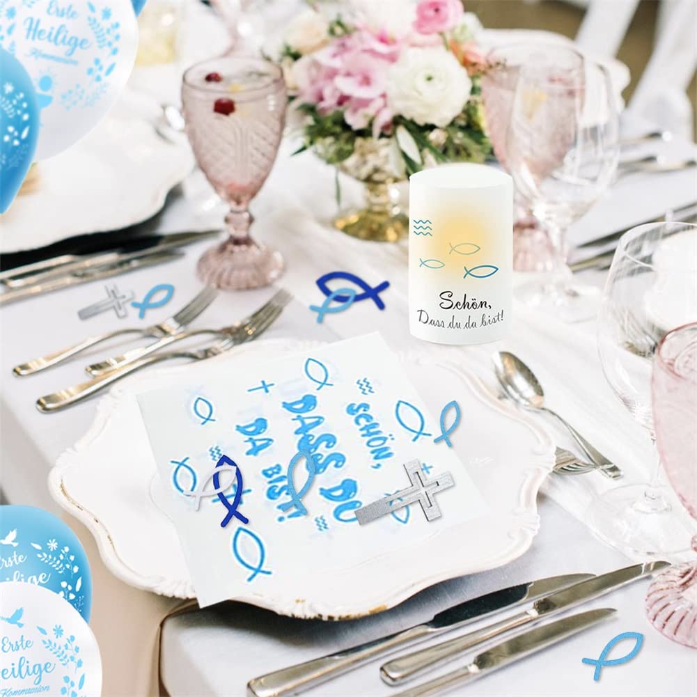 Lot De 153 Décorations De Table Pour Communion, Confirmation, Baptême, Communion, 8 Photophores En Forme De Cœur 20 Serviettes 100 Poissons En Bois 12 Ballons - Décoration Pour Serviettes De